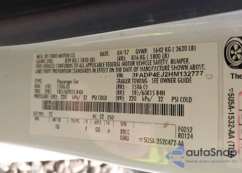 2017 Ford Fiesta Se z USA, uszkodzony, nr VIN 3FADP4EJ2HM132777